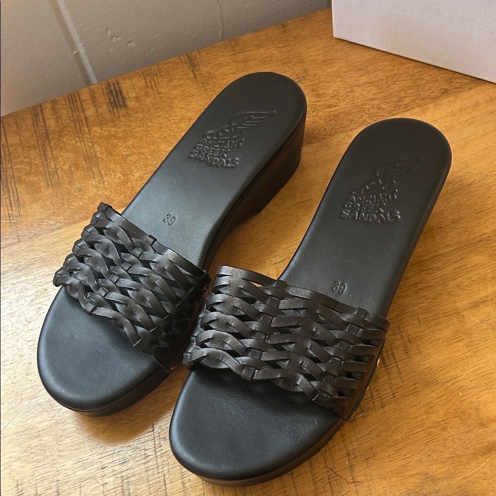 Ancient Greek Sandals Black Leather Clog Platform  - size 39